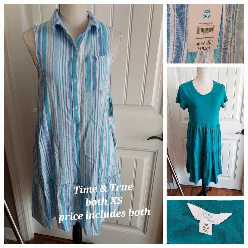 Bundle Time & True Sleeveless Tiered Midi Dress XS Striped Teal Cotton